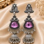 Royal pink Stone Oxidized Silver Designer Jhumka Earrings