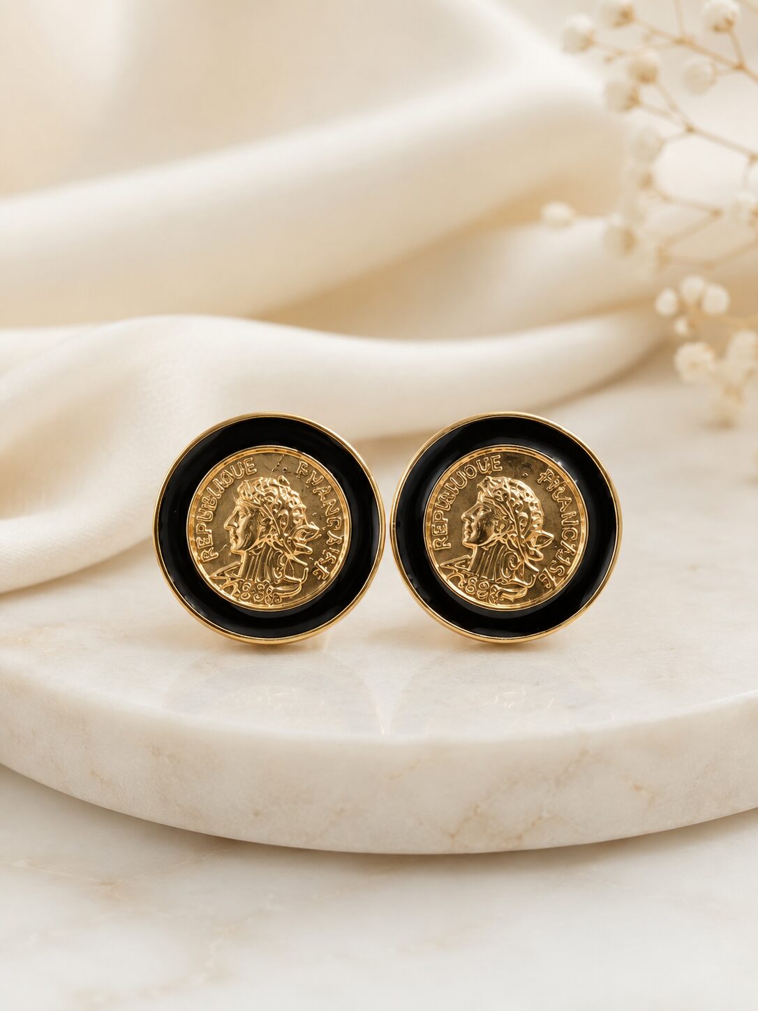 2026/08/1001777333.jpg Premium Black & Gold Coin Stud Earrings | Vintage Statement Jewellery - Image 1