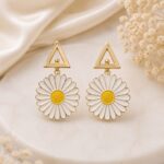 Elegant White Daisy Flower Earrings with Gold Triangle Stud | Floral Fashion Jewellery
