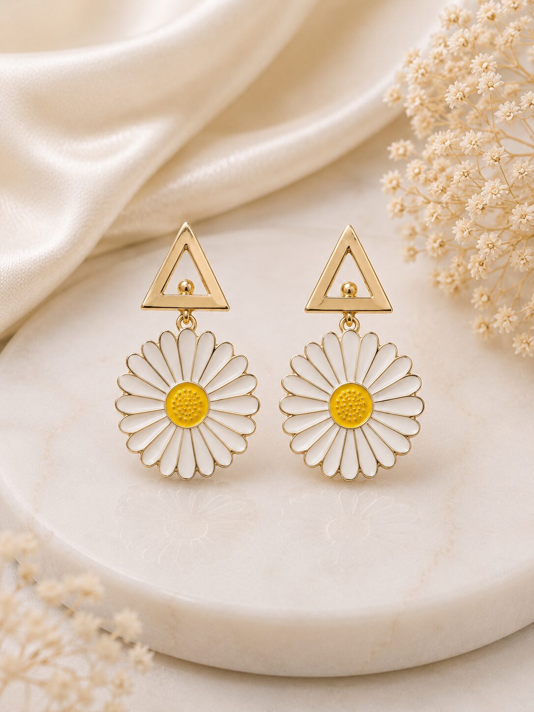 2026/08/1001777350.jpg Elegant White Daisy Flower Earrings with Gold Triangle Stud | Floral Fashion Jewellery - Image 1
