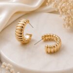 Premium Gold Ribbed Hoop Earrings | Chunky Textured Statement Jewellery