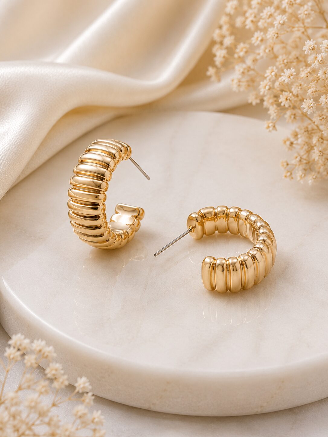 2026/08/1001777395.jpg Premium Gold Ribbed Hoop Earrings | Chunky Textured Statement Jewellery - Image 1