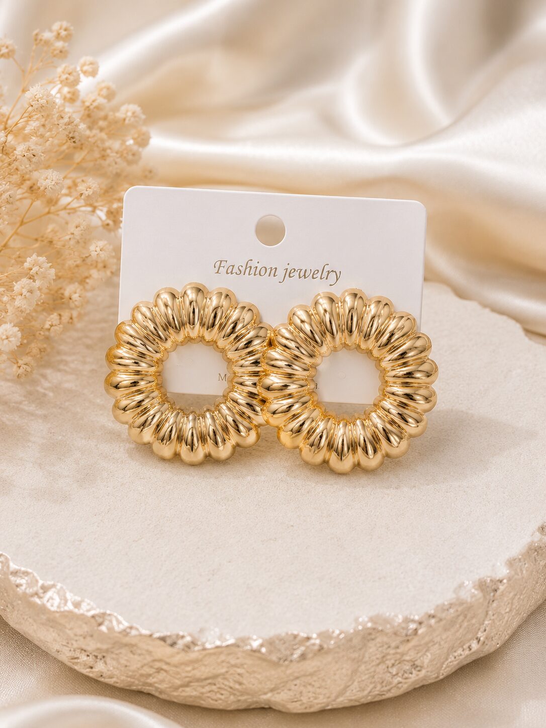 2026/08/1001777471.jpg Gold Ribbed Flower Hoop Earrings - Image 1