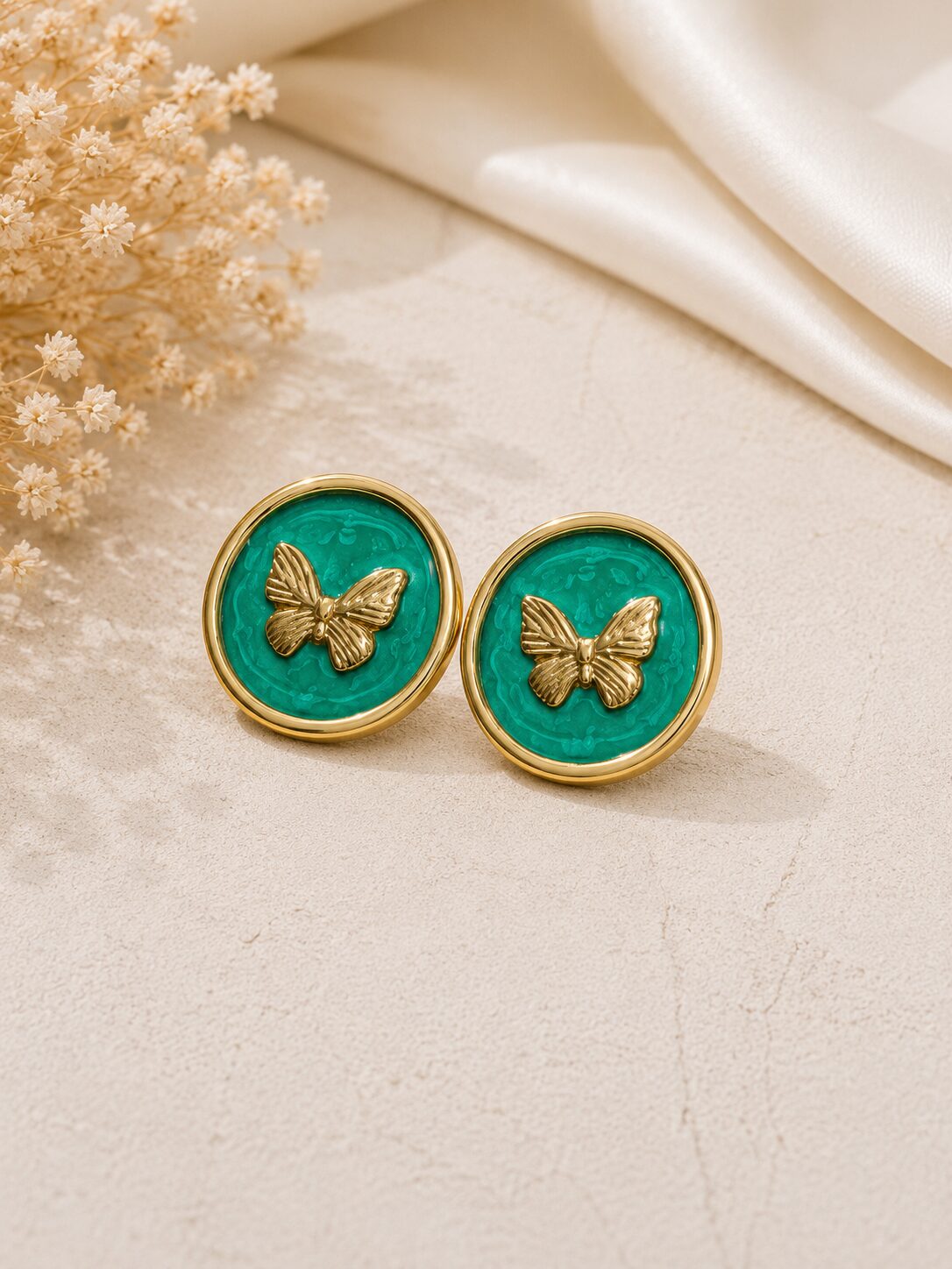 2026/08/1001777478.jpg Teal Green Butterfly Stainless Steel Stud Earrings - Image 1