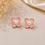 Elegant Pink Flower Pearl Stud Earrings