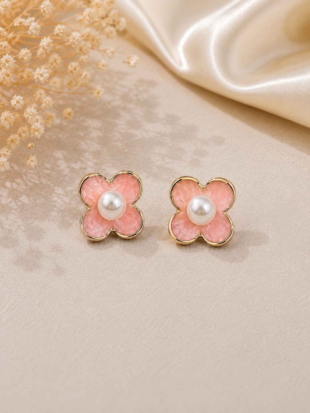 2026/08/1001777514.jpg Elegant Pink Flower Pearl Stud Earrings - Image 1