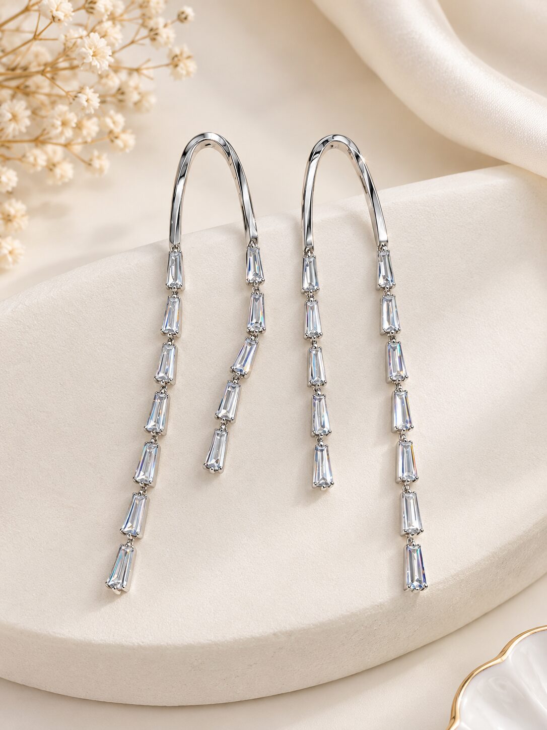 2026/08/1001777720.jpg Silver Baguette Crystal Long Drop Earrings - Image 1