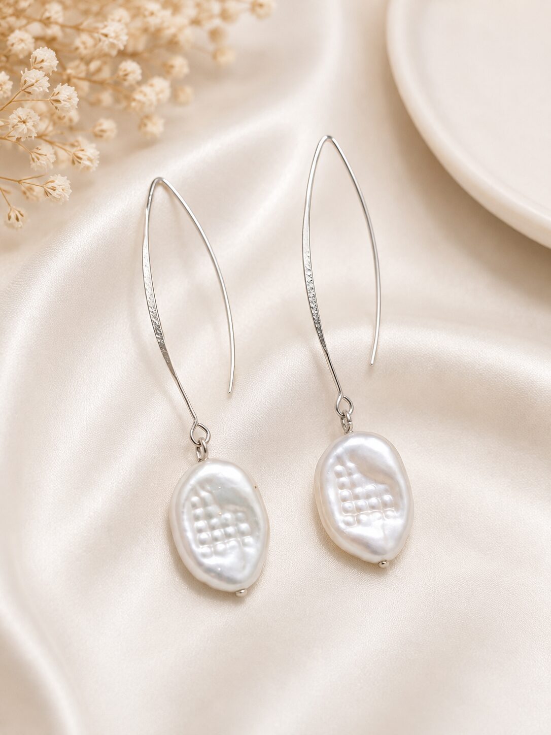 2026/08/1001777726.jpg Silver Pearl Long Threader Earrings - Image 1