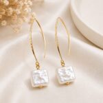 Gold Square Pearl Long Drop Earrings