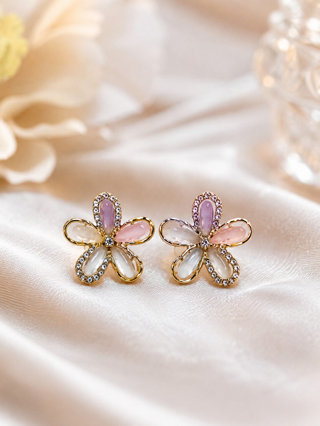 2026/08/1001779736.jpg Pastel Flower Crystal Stud Earrings | Korean Style Jewellery - Image 1