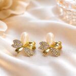 Korean Pearl Bow Crystal Stud Earrings | Premium Jewellery