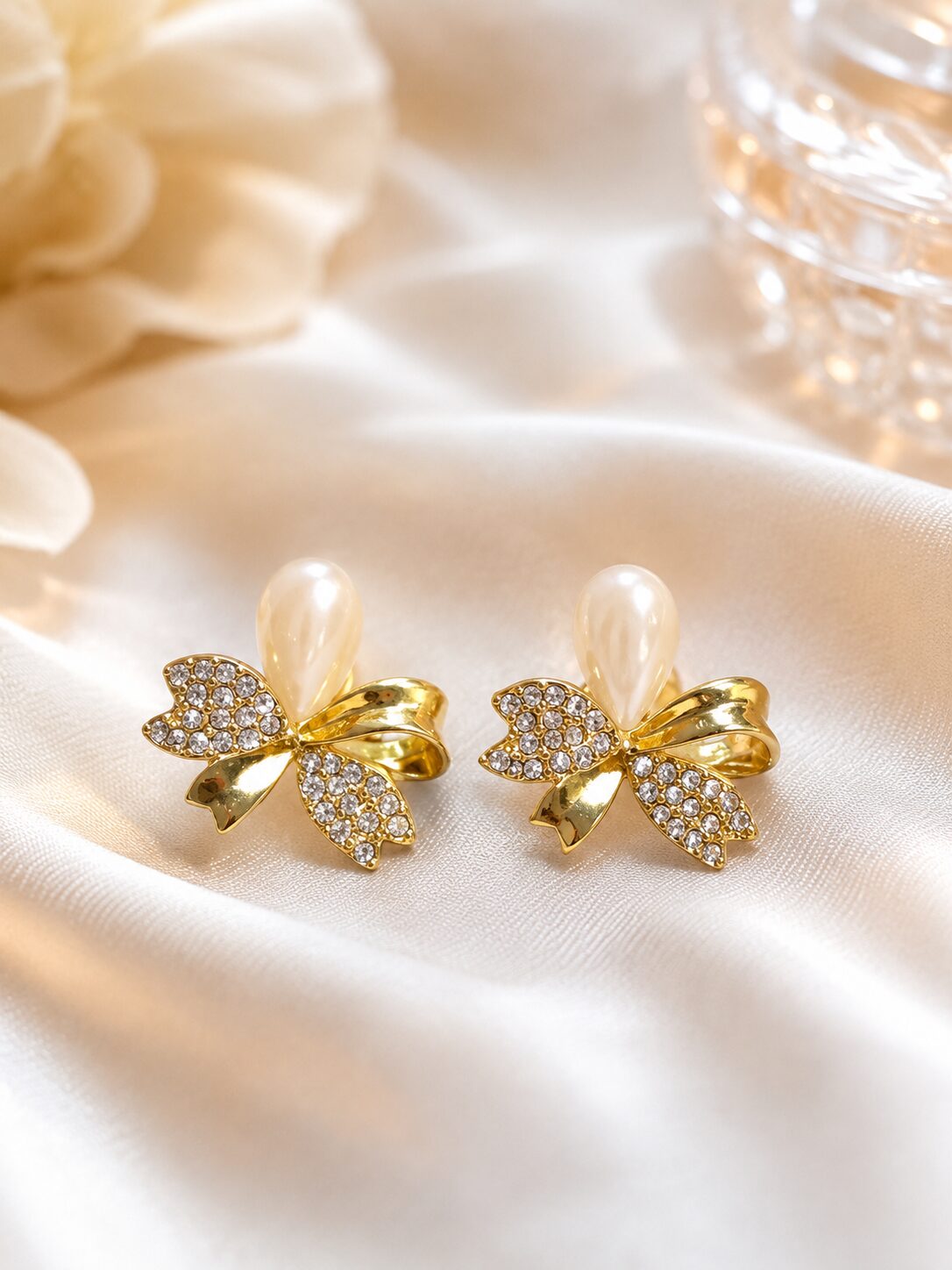 2026/08/1001779738.jpg Korean Pearl Bow Crystal Stud Earrings | Premium Jewellery - Image 1