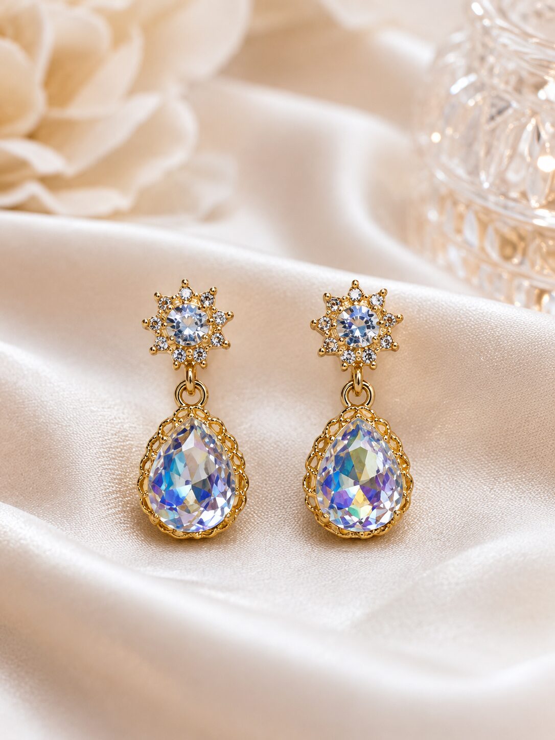 2026/08/1001779740.jpg Elegant Crystal Starburst Drop Earrings | Iridescent Teardrop Jewellery - Image 1