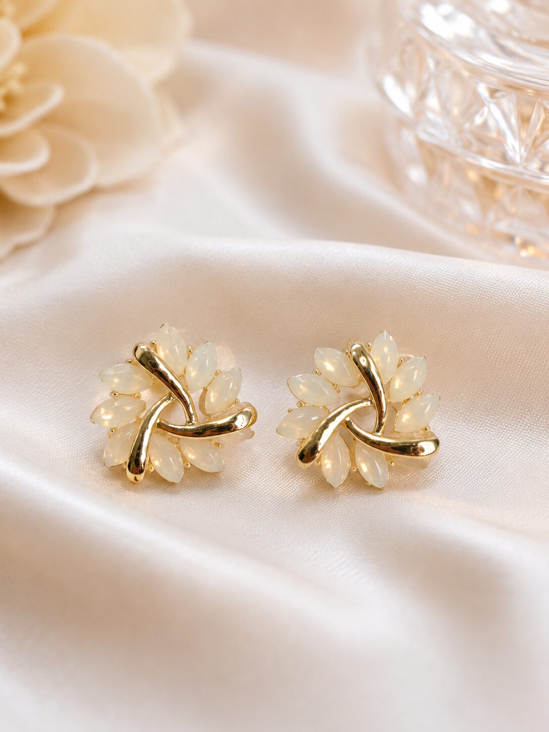 2026/08/1001779745.jpg Korean Opal Floral Stud Earrings | Elegant Gold-Tone Jewellery - Image 1