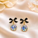 Black Bow Iridescent Crystal Drop Earrings | Korean Style Jewellery