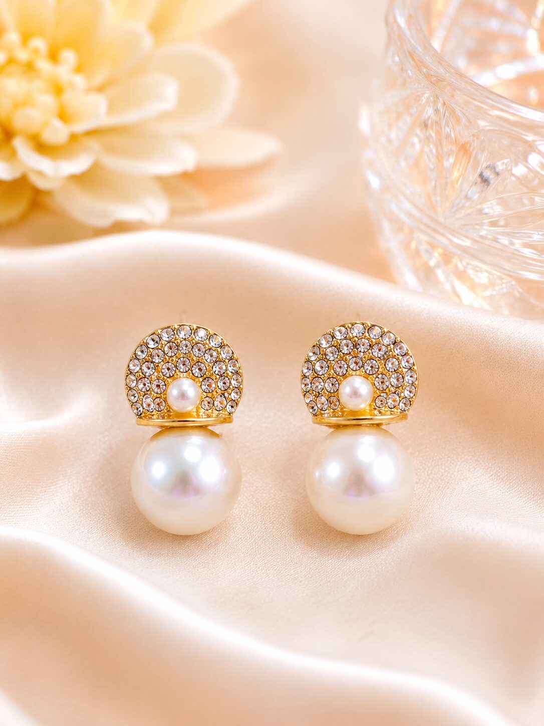 2026/08/1001779751.jpg Pearl Crystal Dome Stud Earrings | Elegant Korean Style Jewellery - Image 1