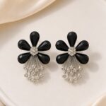Black Floral Crystal Drop Earrings