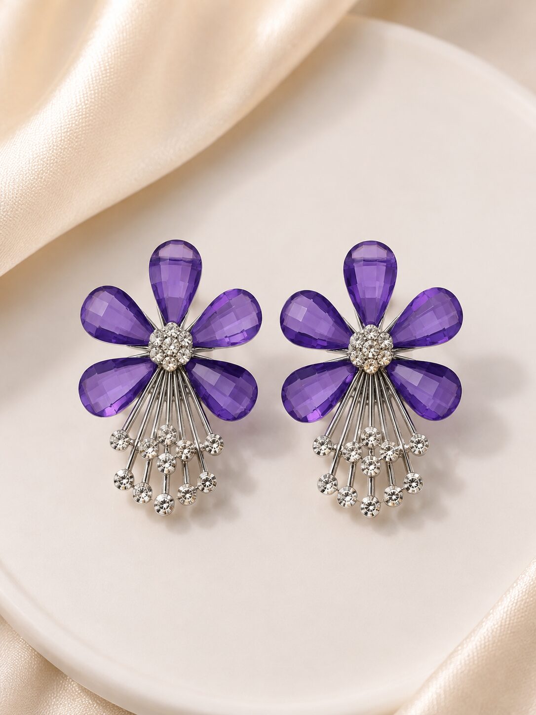 2026/08/1001779788.jpg Purple Floral Crystal Drop Earrings - Image 1