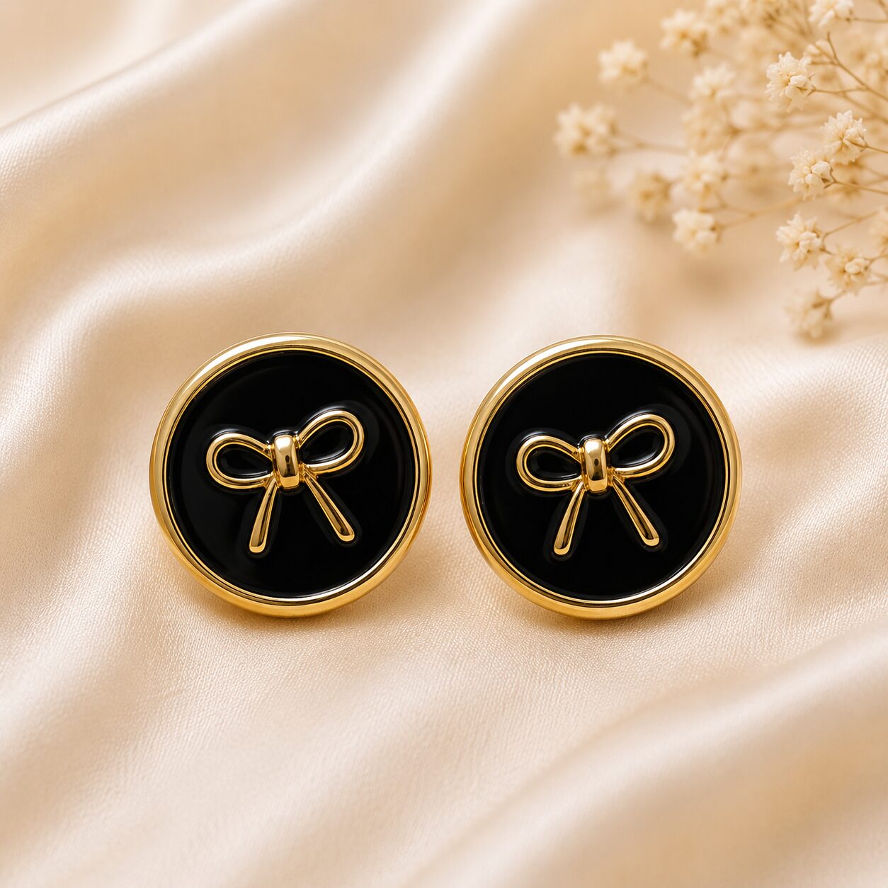 2026/08/1001779824.jpg Premium Black Bow Stainless Steel Earrings - Image 1