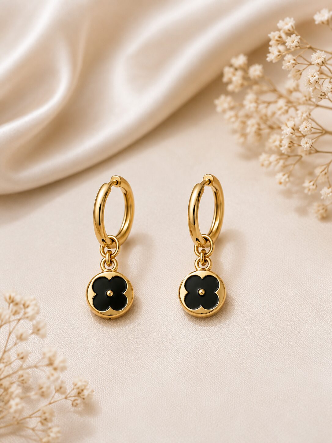 2026/08/1001779879.jpg Elegant Black Flower Drop Earrings - Image 1