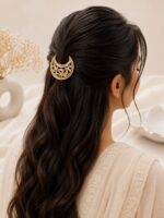 Title: Elegant Gold Crescent Filigree Hair Clip with Turquoise Accent - Image 2