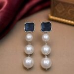Elegant Pearl Drop Earrings with Navy Square Studs