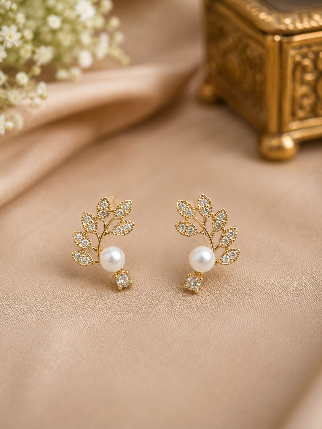 2026/08/1001780400.jpg Elegant Gold Leaf Pearl Crystal Earrings - Image 1