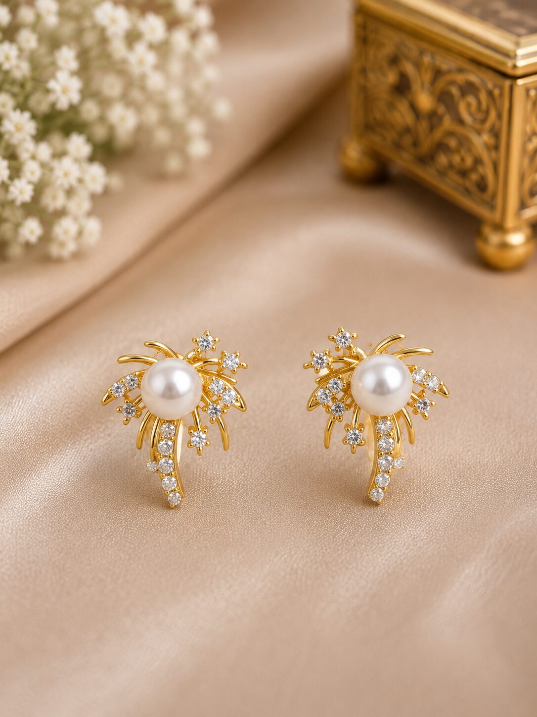 2026/08/1001780406.jpg Elegant Gold Pearl Floral Crystal Earrings - Image 1