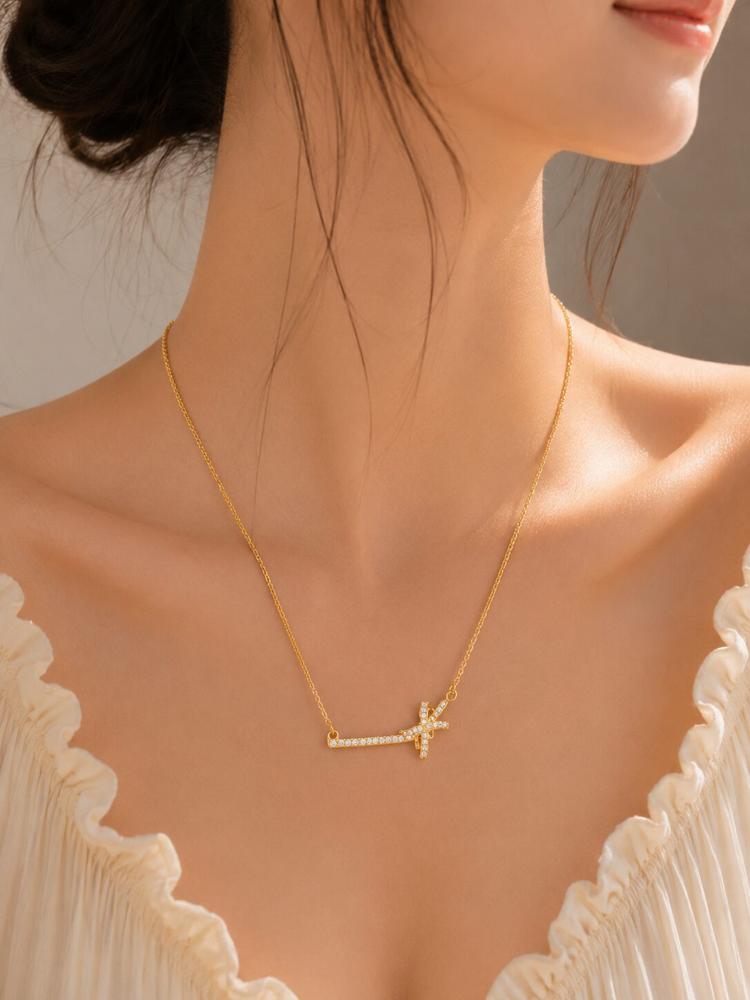 2026/08/1001780457.jpg Elegant Gold Crystal Bar Necklace - Image 1