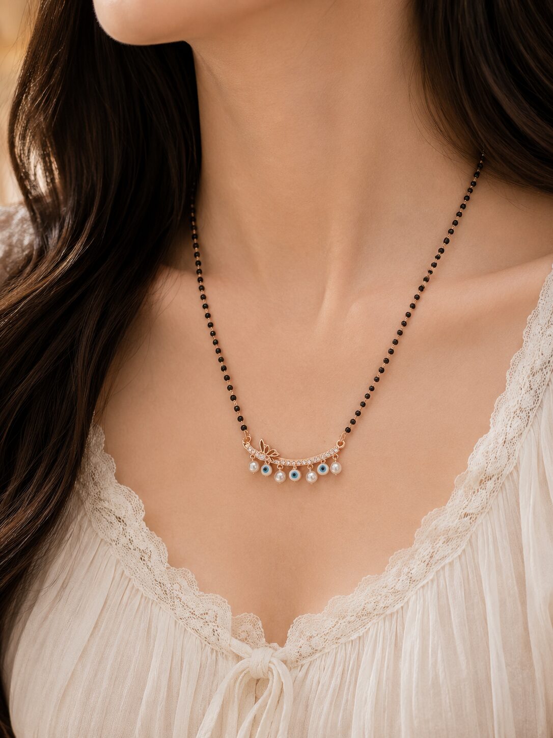 2026/08/1001780774.jpg Elegant Rose Gold Pearl and Evil Eye Mangalsutra - Image 1