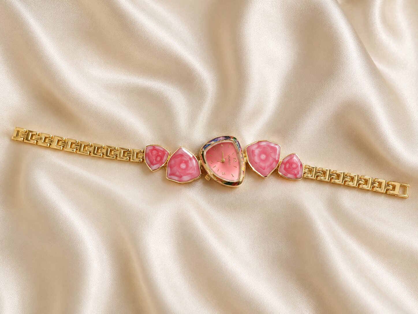 2026/08/1001780843.jpg Elegant Pink Floral Gold Bracelet Watch - Image 1
