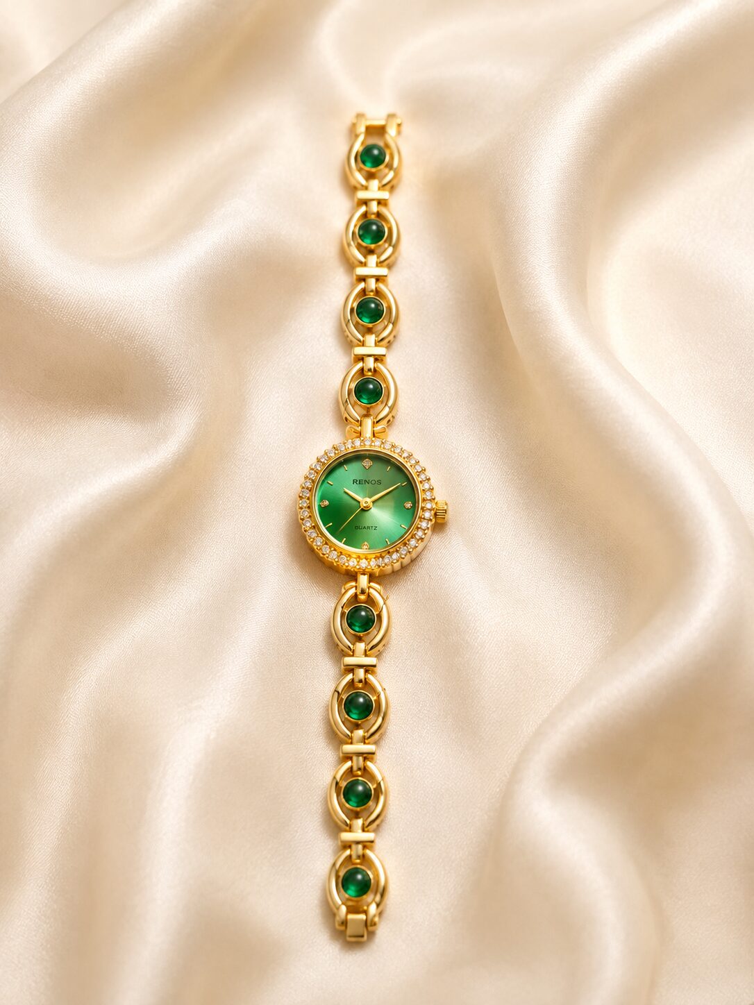 2026/08/1001780846.jpg Elegant Green Stone Gold Bracelet Watch - Image 1