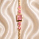 Elegant Pink Square Dial Gold Bracelet Watch