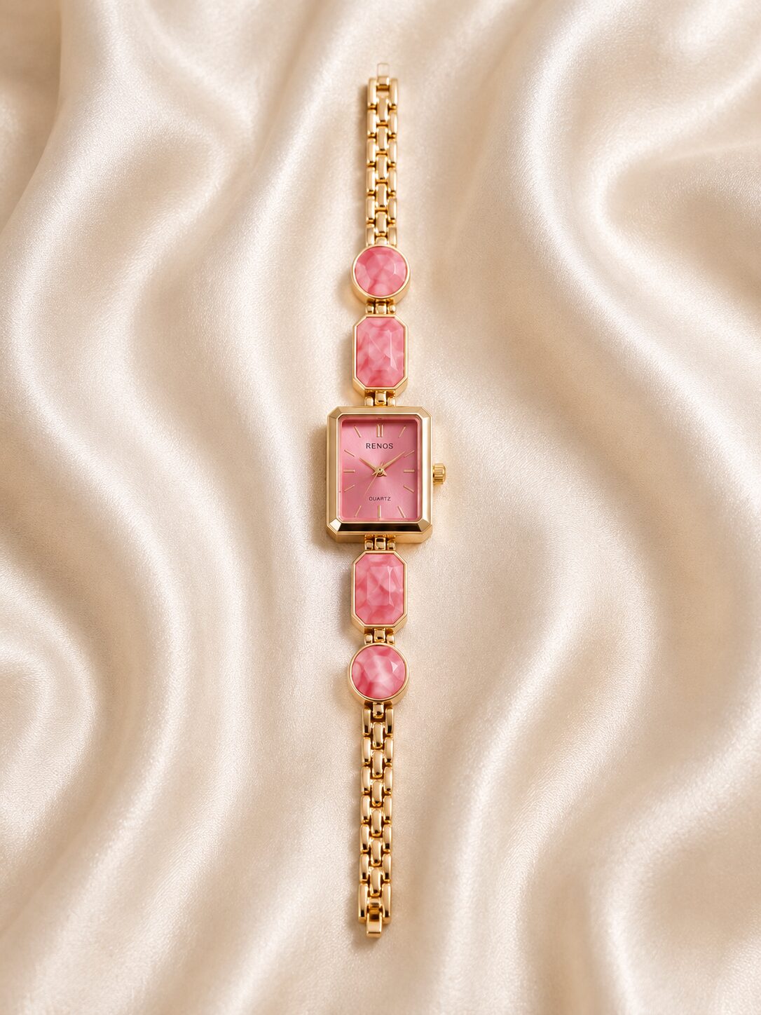 2026/08/1001780852.jpg Elegant Pink Square Dial Gold Bracelet Watch - Image 1