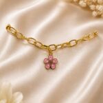 Pink Floral Gold Link Charm Bracelet