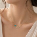 Elegant Blue Stone Leaf Pendant Necklace