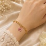 Pink Floral Gold Link Charm Bracelet