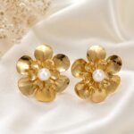 Gold Pearl Flower Stud Earrings