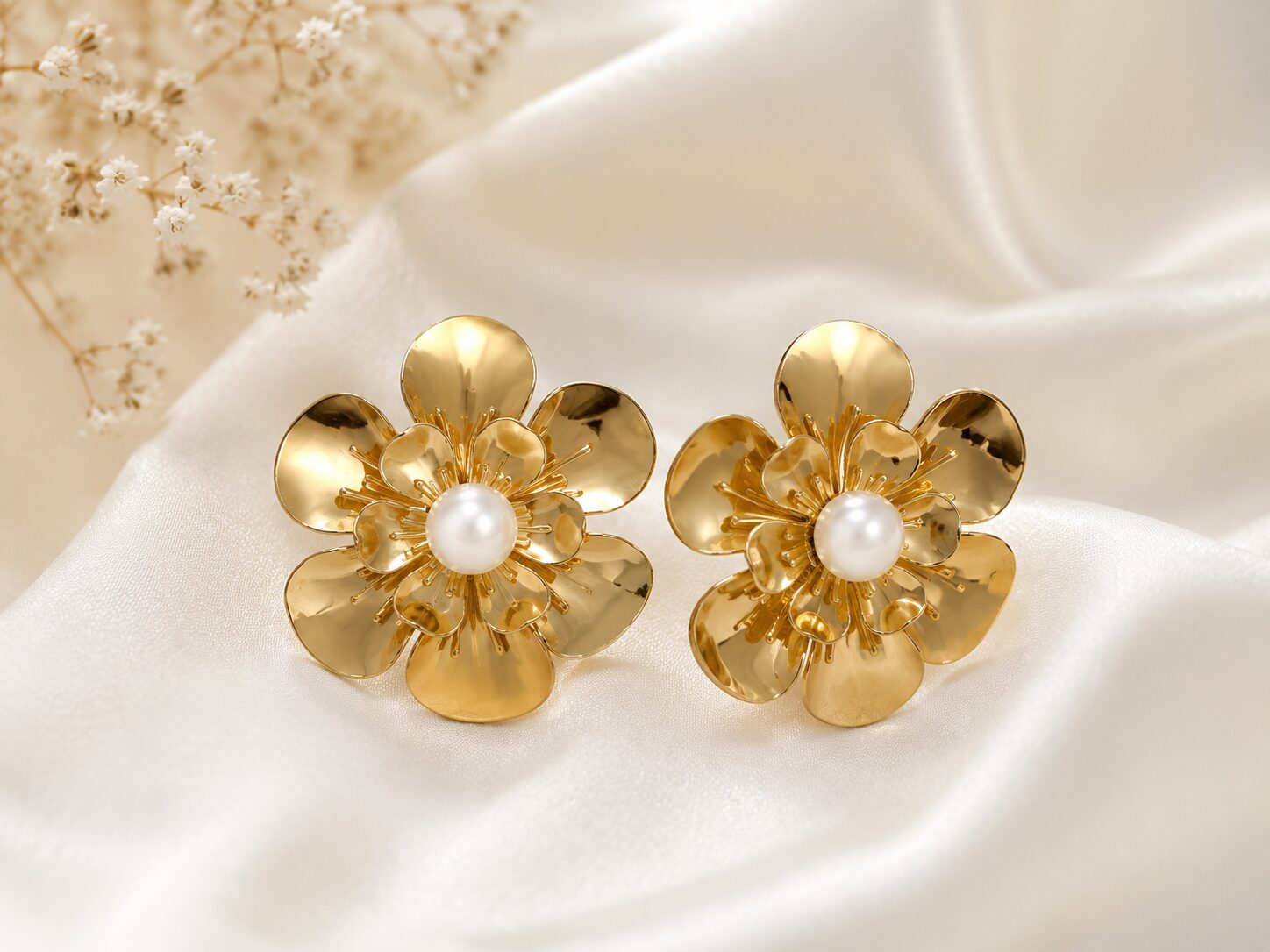 2026/08/1003577821.jpg Gold Pearl Flower Stud Earrings - Image 1