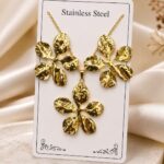 Luxury Stainless Steel Hammered Floral Necklace & Earrings Set | Anti-Tarnish Gold-Plated Korean Jewelry for Women
