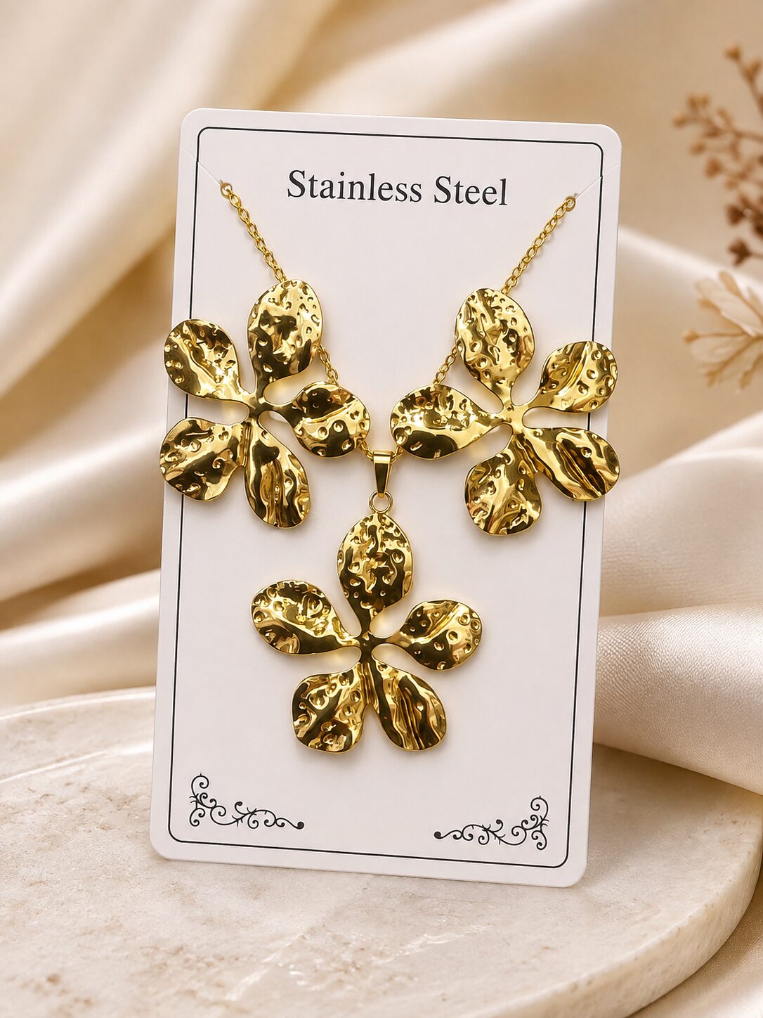2026/08/1003577886.jpg Luxury Stainless Steel Hammered Floral Necklace & Earrings Set | Anti-Tarnish Gold-Plated Korean Jewelry for Women - Image 1