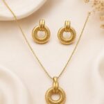 Stainless Steel Anti-Tarnish Gold Textured Circle Pendant Necklace & Stud Earrings Set for Women