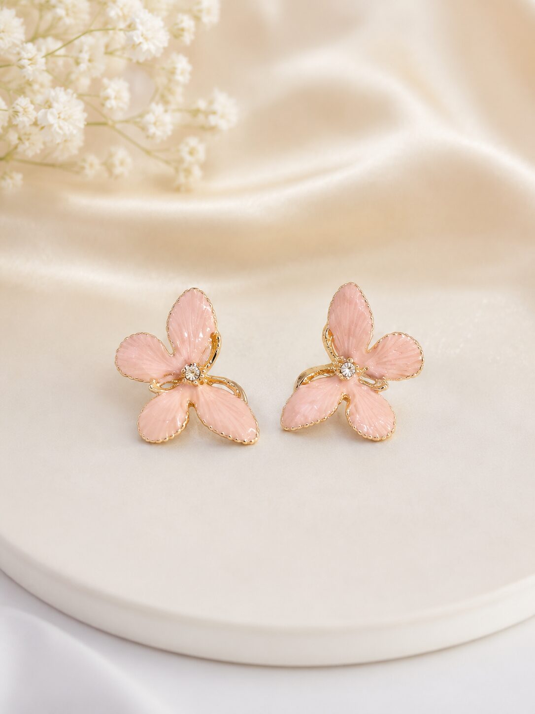2026/08/1003578883.jpg Pink Floral Gold-Tone Stud Earrings - Image 1