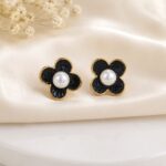 Black Floral Pearl Stud Earrings