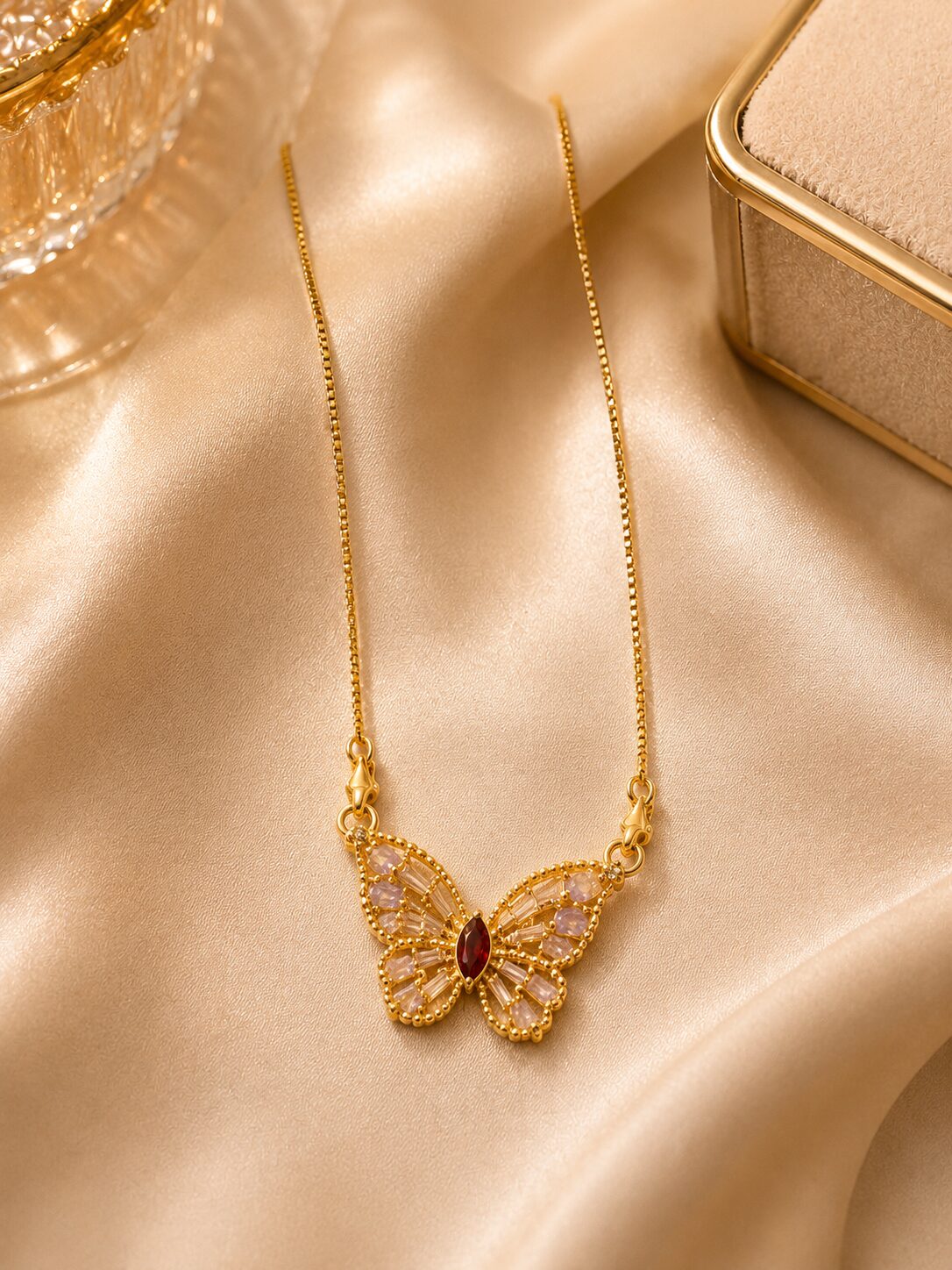 2026/08/1003579450.jpg Elegant Gold Butterfly Necklace – Sparkling Multicolor Gemstone Pendant - Image 1