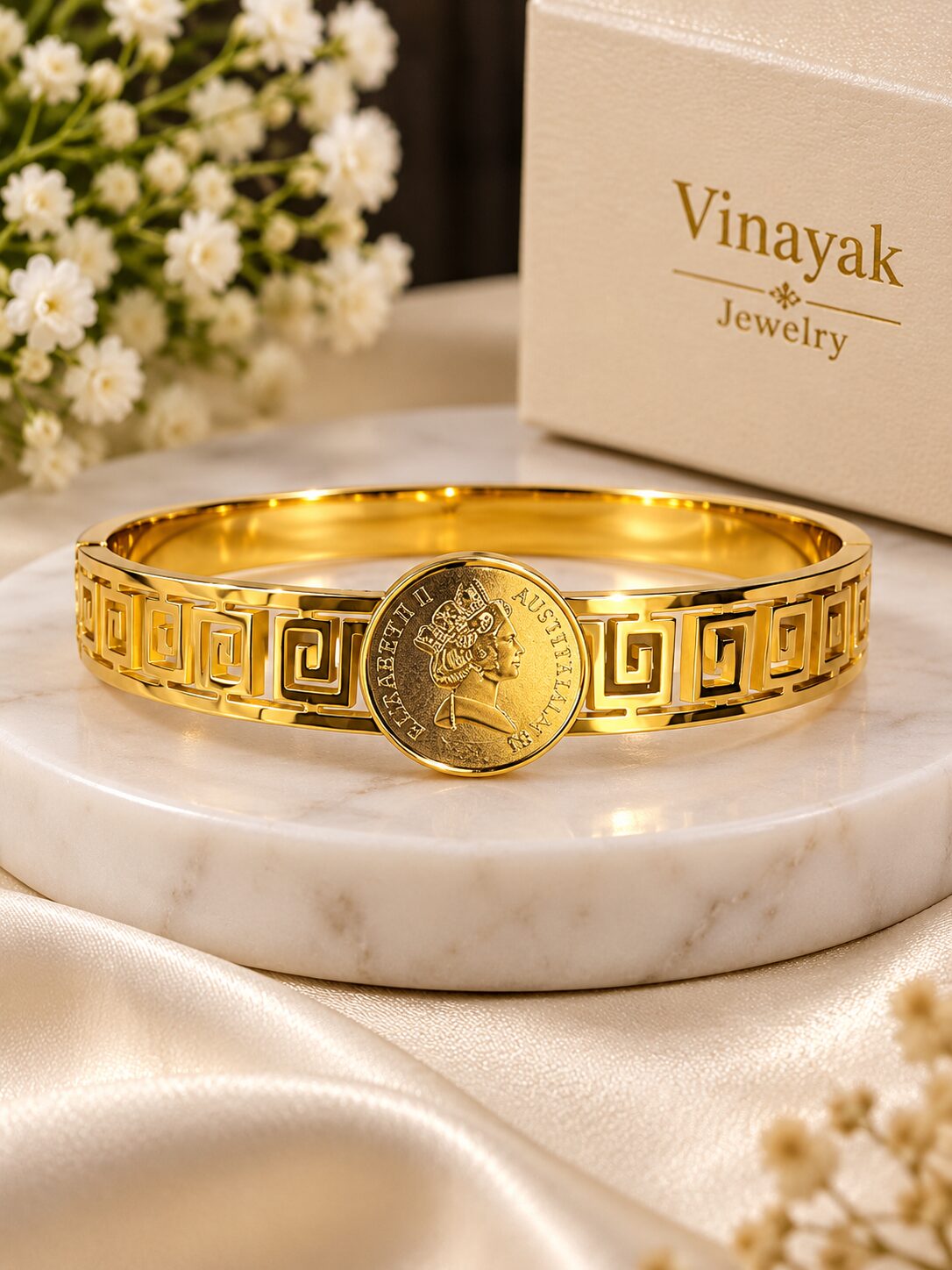 2026/08/1003579671.jpg Greek Key Coin Gold Bangle - Image 1