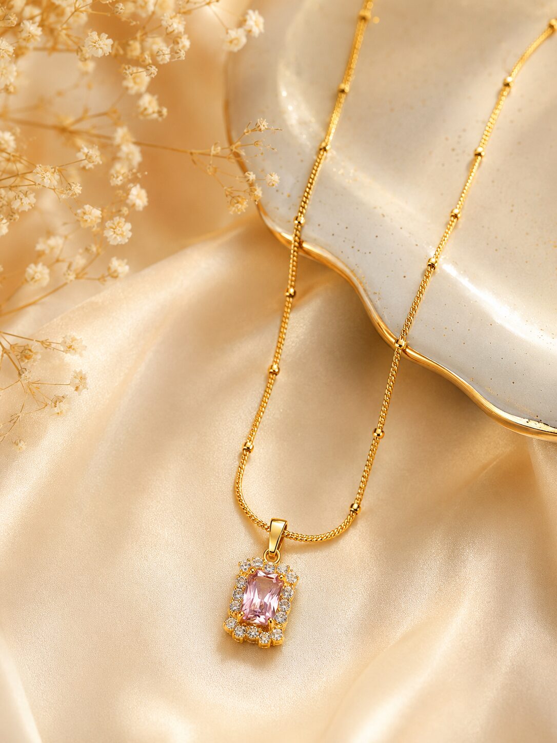 2026/08/17772.jpg Anti-Tarnish Pink Crystal Rectangle Pendant Necklace - Image 1