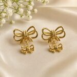 Golden Double Bow Drop Earrings for Women