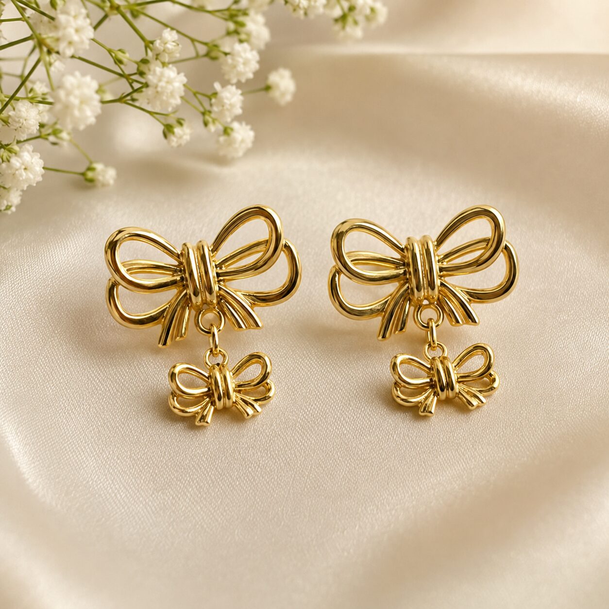 2026/08/17778.jpg Golden Double Bow Drop Earrings for Women - Image 1