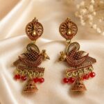 Antique Gold Peacock Red Beaded Jhumka Earrings